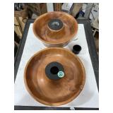 2 Hand turned wooden bowls with 3 floral pin