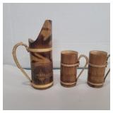 Hand made bamboo pitcher 9.5in and 2 cups 5in