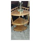 Small 3 tier oak corner shelf with table lamp