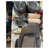 Enamelware, fruit hanging baskets, old chainsaw,