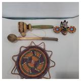 Hand made rattler, woven trivet, mask and toy