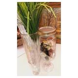 3 glass Vases with shells & lights, greenery,