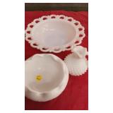 Milk glass bowls with hobnail small pitcher