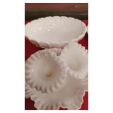 White Milk glass dishes,  broken base on 1 of