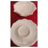 2 milk glass bowls, 1 floral 8" wide