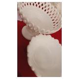 White Milk bowls, pedestal candy dish 7" tall,