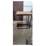 Wood and metal side table slides under couch or