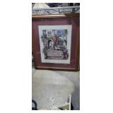 Framed picture of courtyard with flowers 37in