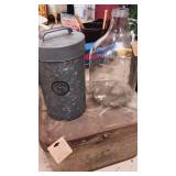 Bread box vintage with gkass jug & covered metal