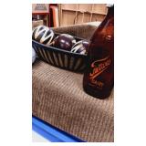 Amber color Milk Bottle, wood bowl with balls &