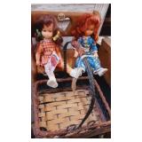 2 vintage dolls with wood bench
