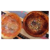 2 smaller carnival glass floral bowls 7"