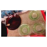 Group of 3 green glass platters & 1 Red platter