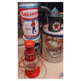 Group of Tin Cans & reproduction lantern