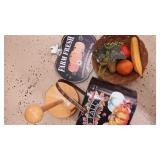 Fall metal bucket,  sign, fruit, paper towel