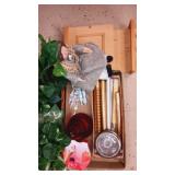 Flat of candles. Wood wall cabinet & more