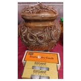 Large owl cookie jar some small chips & 3 boxes