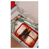 Vintage quilted Case with porcelain doll & more