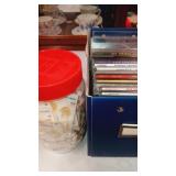 Jar of white buttons & box of CDs