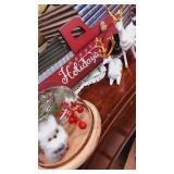 Red holiday truck , white deer and owl in globe