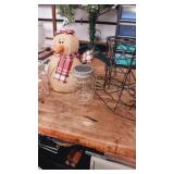 Metal snowman hat , burlap snowman and two solar