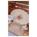 Group of kitchen ware glass butter dish, platter,