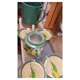 Ceramic green pitcher,  tea pot with 4 matching