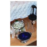 Ceramic teapot, large soap dispenser & blue glass