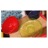 Group green glass tray & red large bowl plus