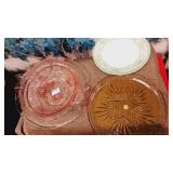 Pink depression Bowl &  3 glass platters