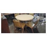 Table and chairs set wood top and metal pedestal