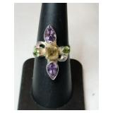 Silver purple / yellow stone Ring marked SJ 925