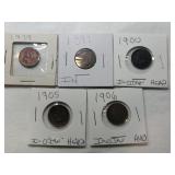 5 Indian Head pennies 1879, 1897 ,1900, 1905