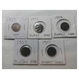 5 Indian Head pennies 1859, 1895-1898, 1905 ,1907