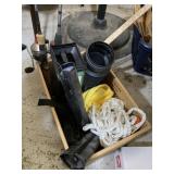 Box lot of random goods and two fishing poles