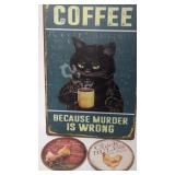 New METAL Sign & Wood Chicken Coaster Set