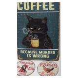 New METAL Sign & Wood Chicken Coaster Set