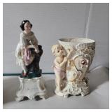 Porcelain Cherub vase and lady bud vase