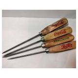 4 wooden ice picks Coca-Cola John Deere Pepsi