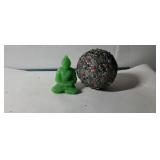 Green glass Buddha 4in tall and decorative ball