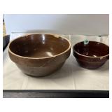 7" & 10" glazed stoneware crock mixing bowls both