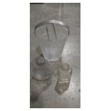 Glass ice bucket with tongs, and decorative vials