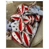 Flat of red and white tree, ornaments and