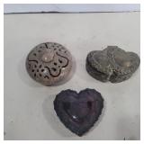 3 trinket boxes carved soapstone, silverplate,