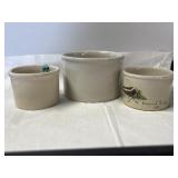 3 Roseville crock bowls, one painted covered