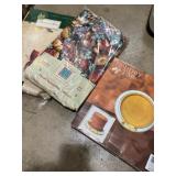 Two tablecloths and ceramic candle holder