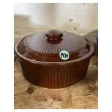 Vintage brown stoneware crock bean pot marked USA