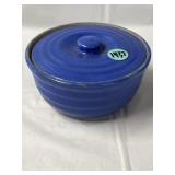 Unmarked blue, ribbed, covered stoneware