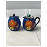 Czech peasant art pottery creamer and sugar bowl