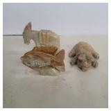 Onxy carved animals fish 3in, pigs 4in, donkey
